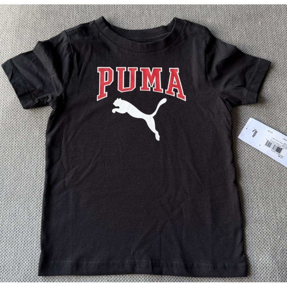 NWT Puma Boys Size 4 Black Graphic Logo T Shirt Tee Short Sleeve Red White